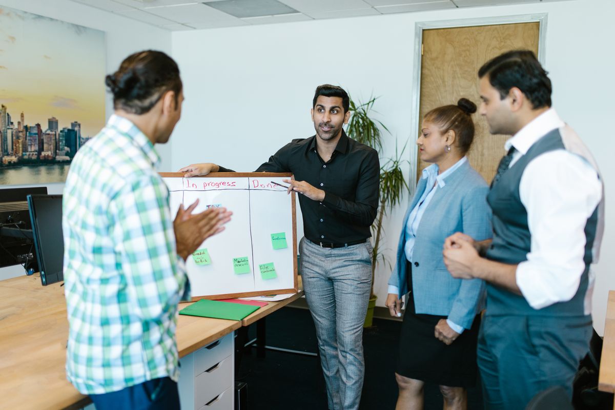 A team discussing work at a whiteboard