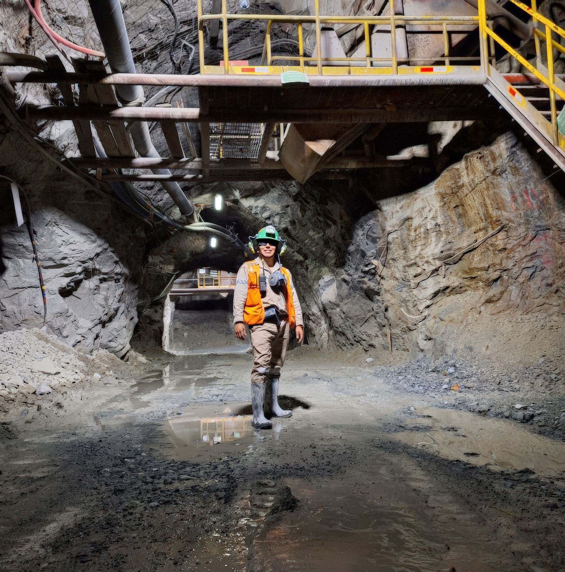 An engineer in safety gear standing in an illuminated underground mine tunnel