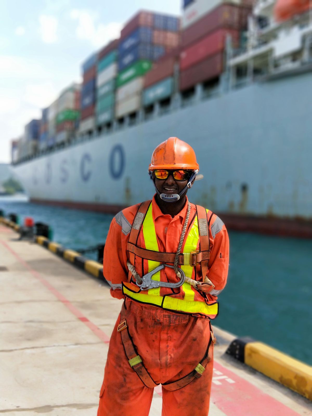 A dockworker in safety gear standing by a cargo ship in a harbor