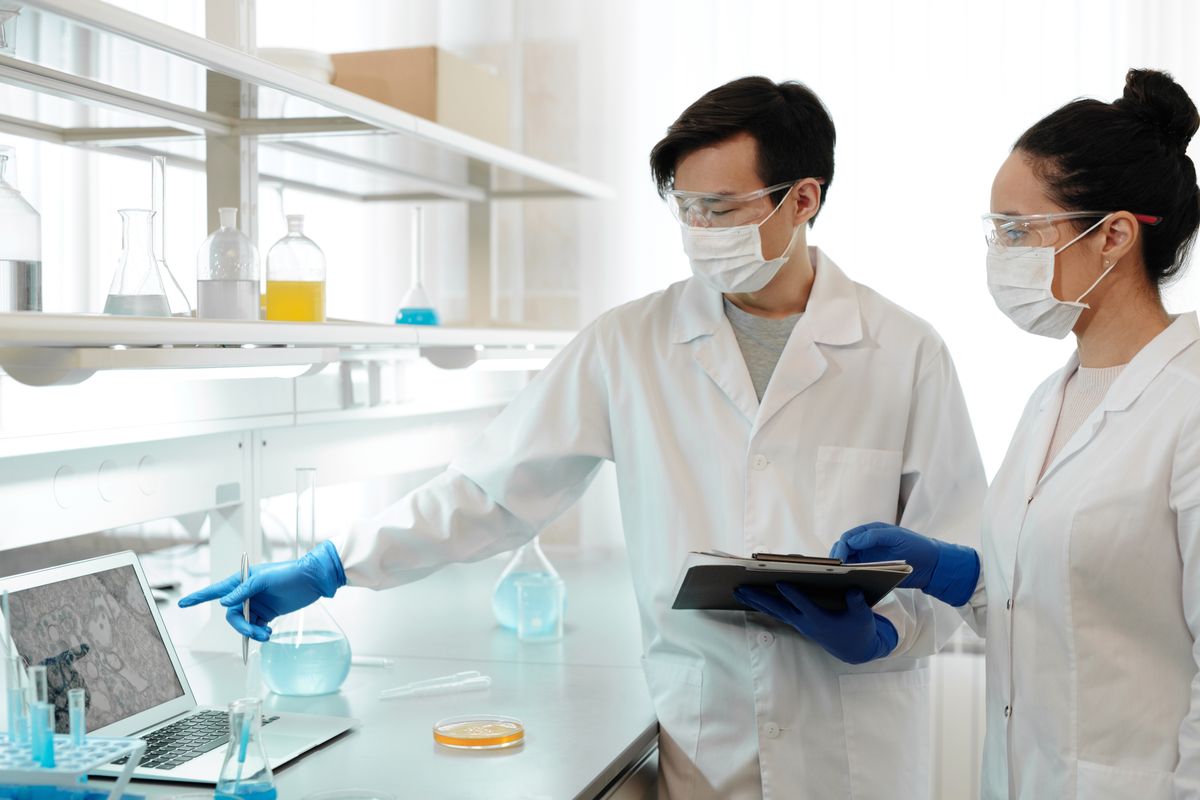 Two scientists examining data on a computer in a research laboratory